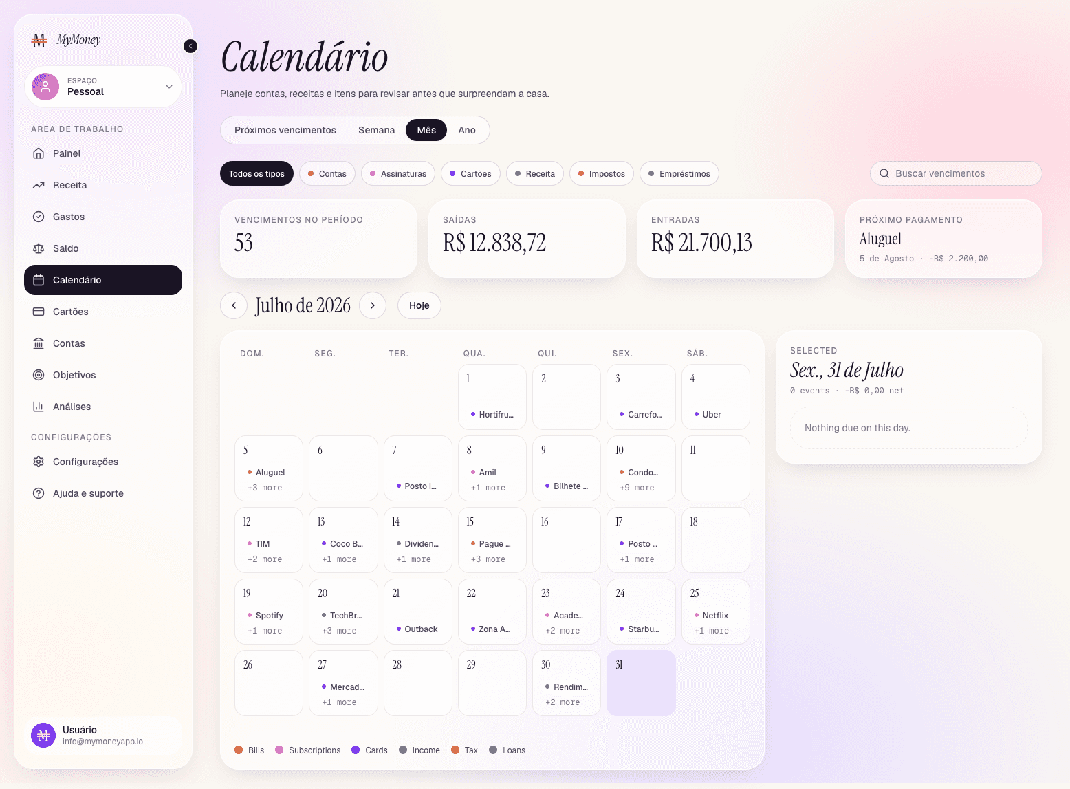 MyMoney calendar preview