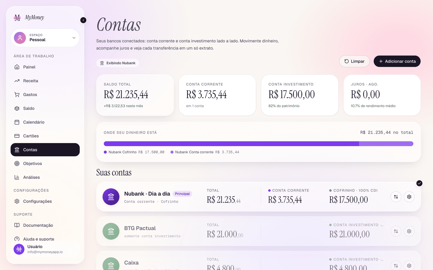 One account selected: the card is checked and the page totals follow it