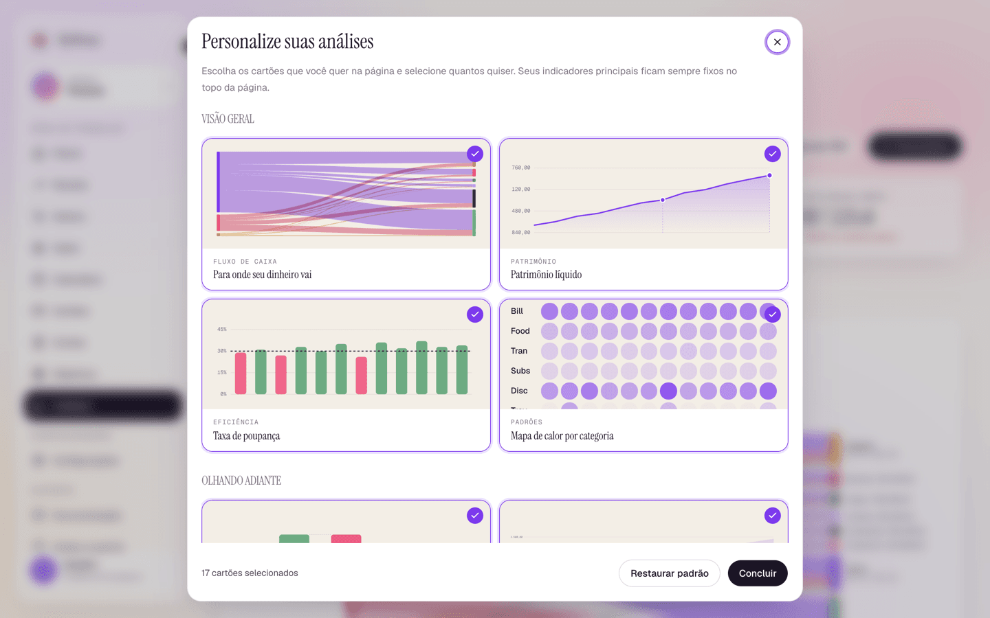 The Customize window, with every card preview and its check mark