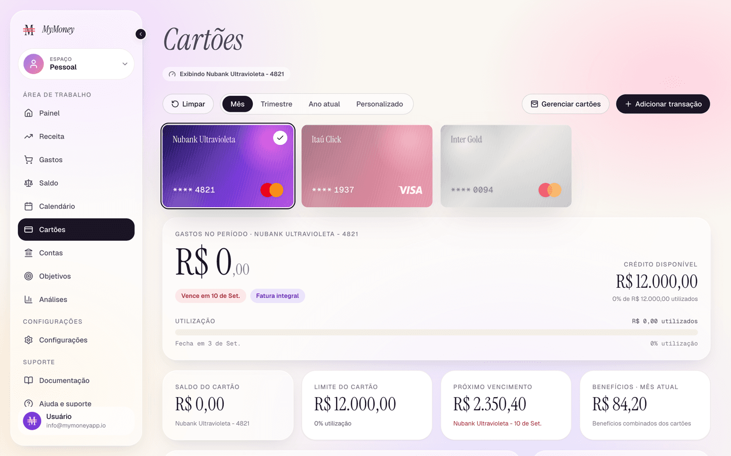 One card selected: the page shows that card's statement and limits