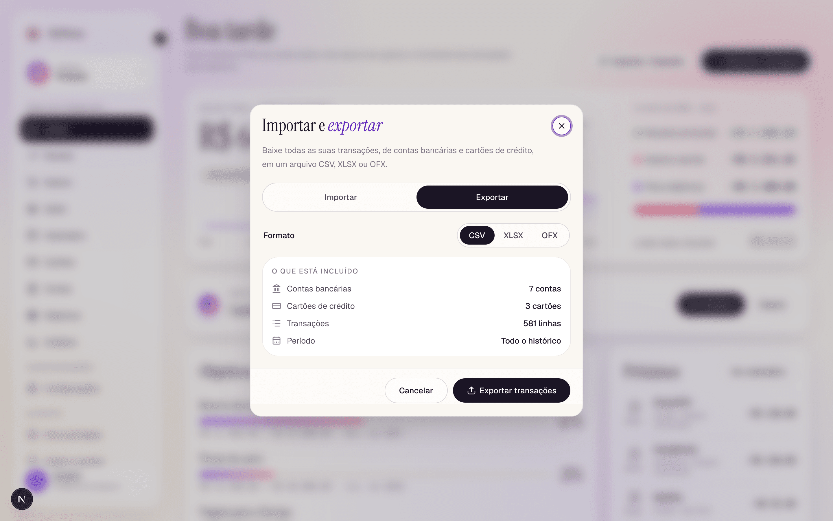 The Export tab, with the format choice and what the file includes