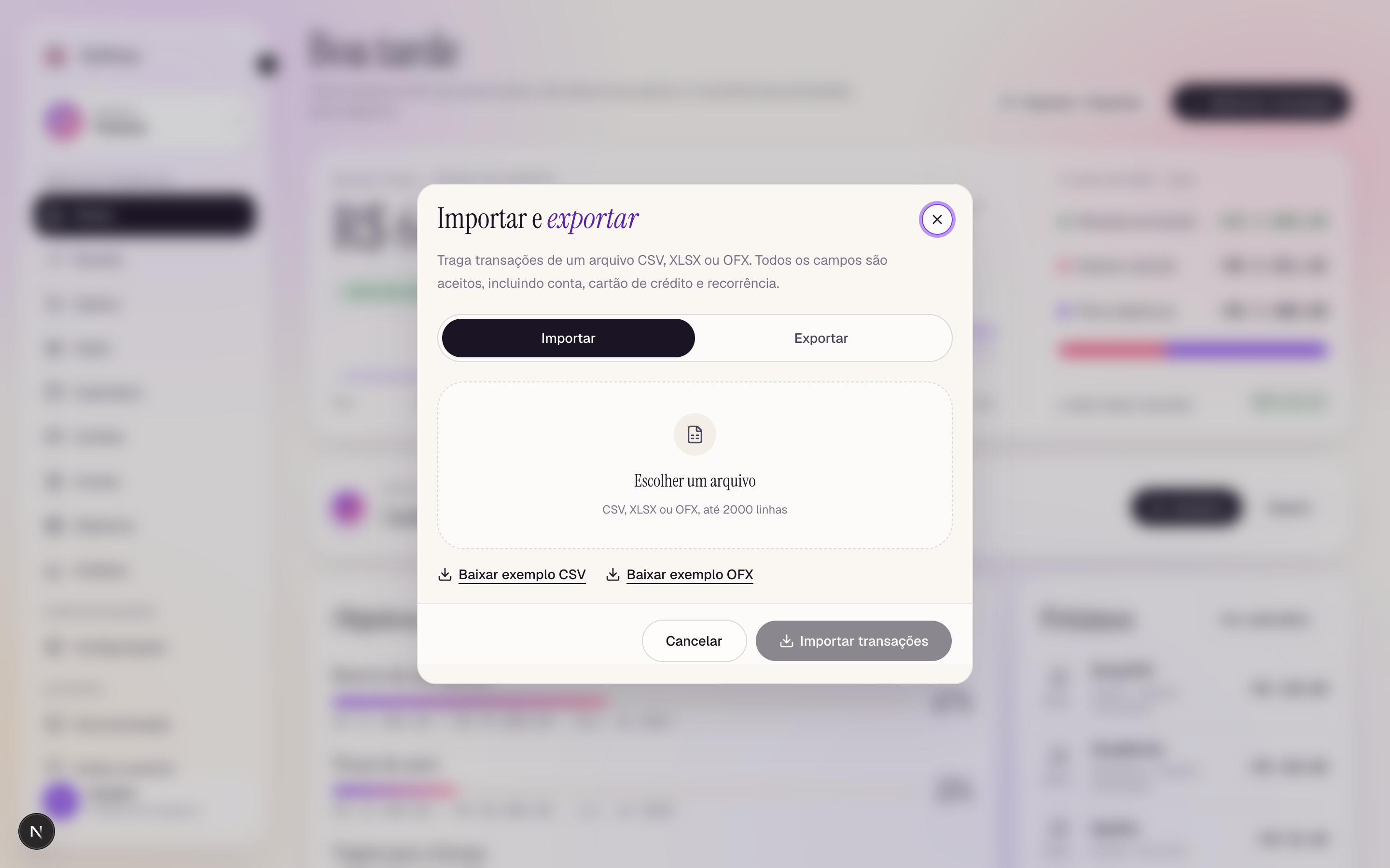 The Import tab, with the file drop area and the example-file links