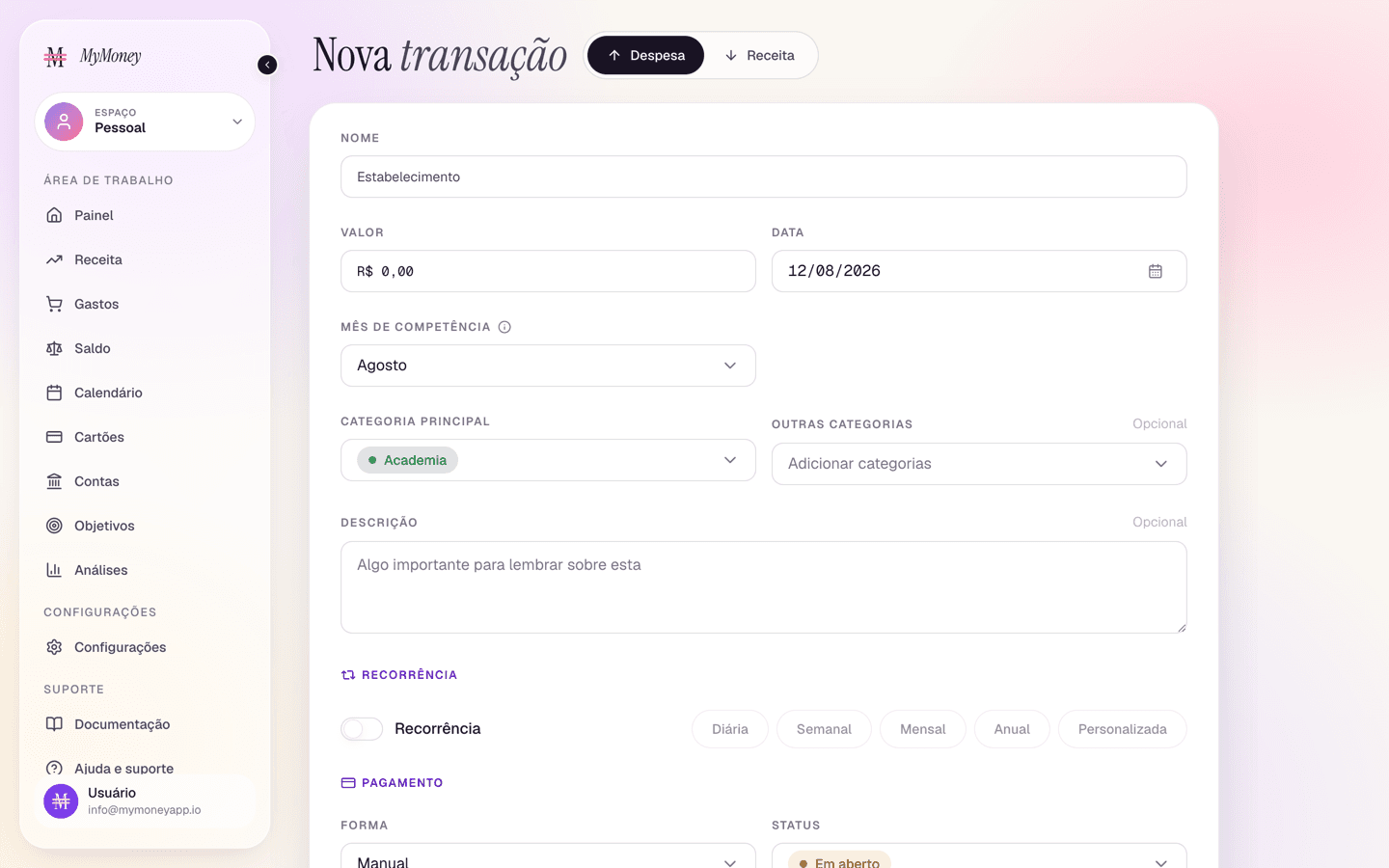 The transaction form