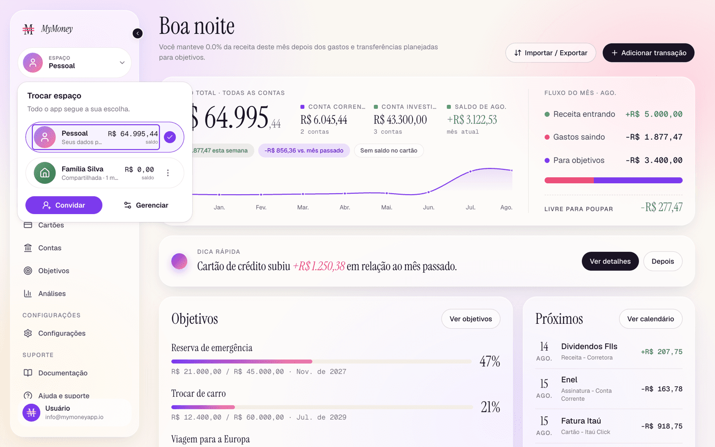 The workspace picker open, listing the personal and household spaces